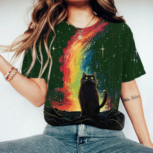 Black Cat Under Rainbow And Stars Print Crew Neck T-shirt