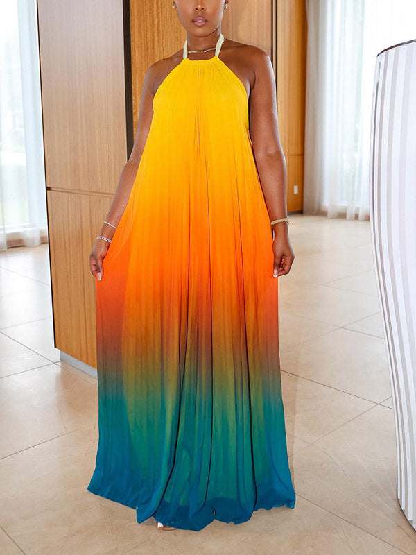 Ombre Pleated Backless Maxi Dress