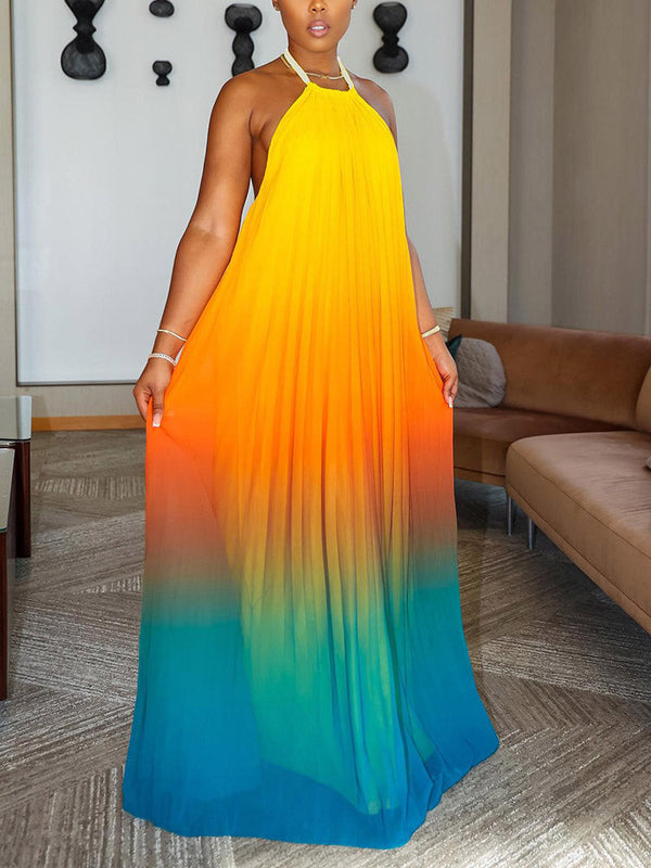 Ombre Pleated Backless Maxi Dress