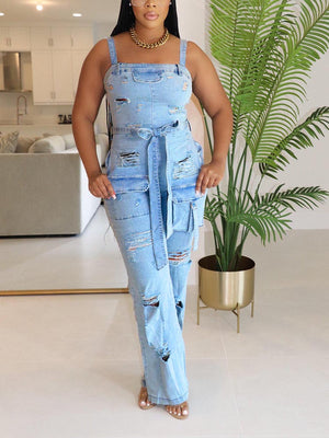 Ripped Cargo Denim Jumpsuit