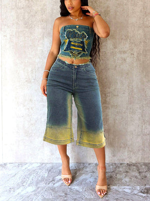 Denim Tube Top & Culottes Jeans