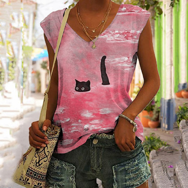 Women's Oil Painting Cat Print V-neck Tank Top