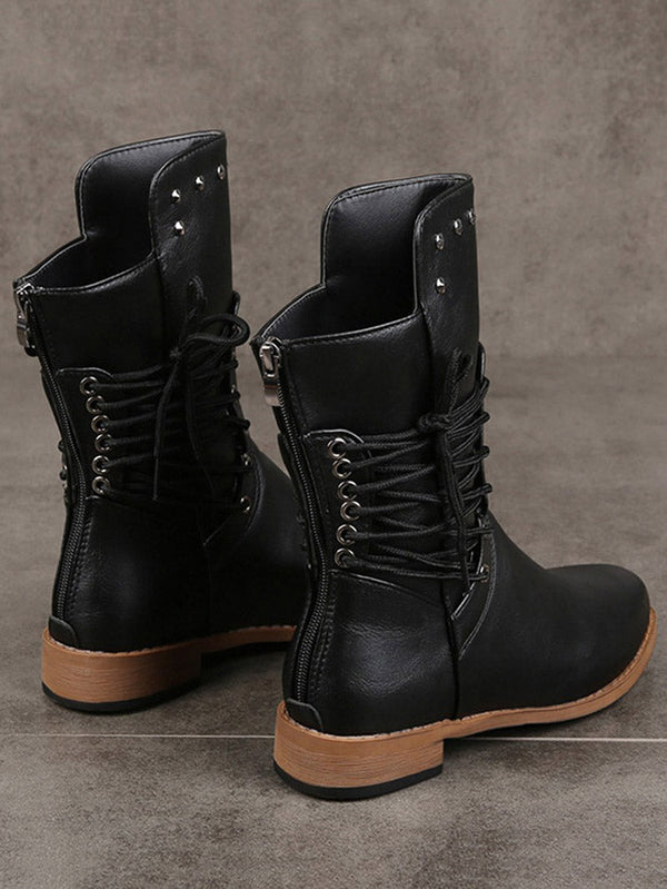 Lace-up PU Studded Boots