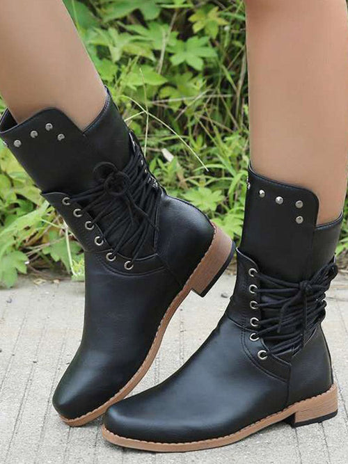 Lace-up PU Studded Boots