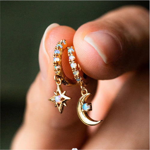 Asymmetric Star Moon Diamond Earrings