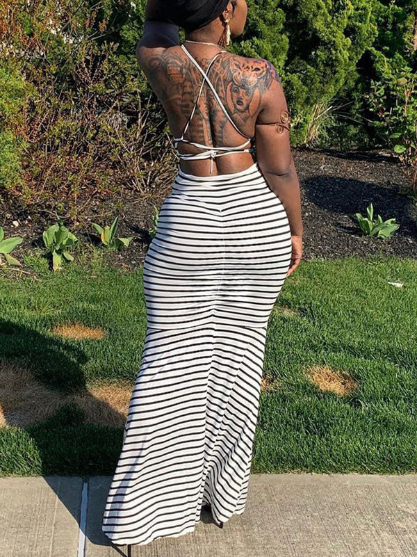 Striped Backless Strappy Maxi Dress