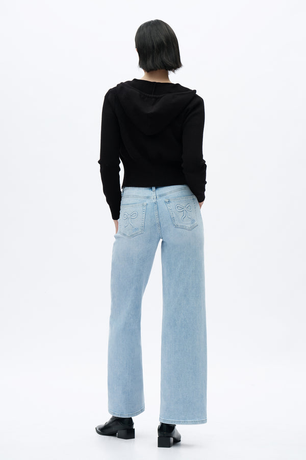 ONESO Women Mid-Low Rise Baggy Jeans Wide Leg Distressed Pants Stretchy Bottom Lady Basic Comfortable Denim