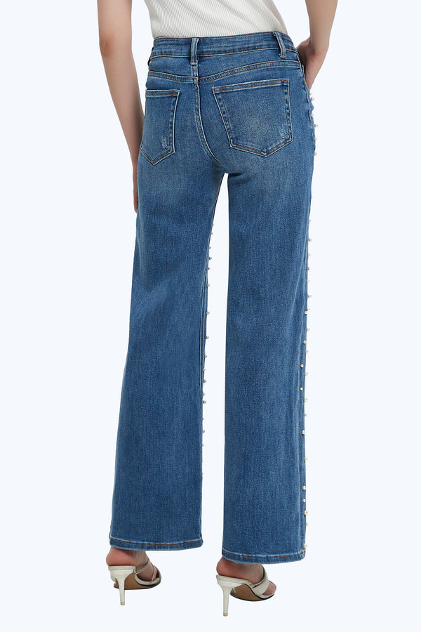 ONESO Wide Leg Mid-Low Rise Baggy Jeans for Women Distressed Pants Stretchy Bottom Lady Basic Comfortable Denim