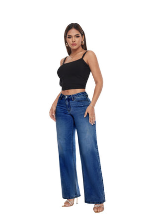ONESO Mid-Low Rise Baggy Jeans Wide Leg for Women Distressed Pants Stretchy Bottom Lady Basic Comfortable Denim