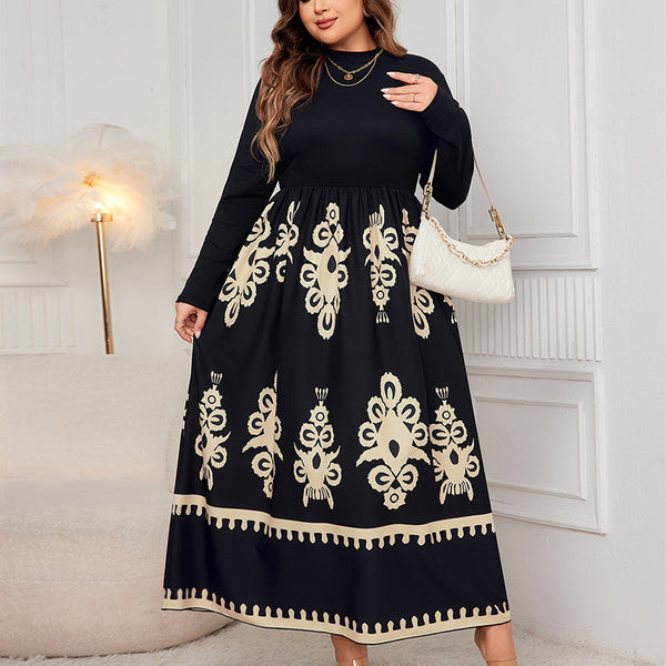 Printed High Waist Long Sleeve Maxi Dress