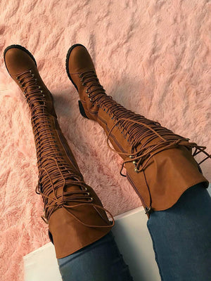 Lace Up Leather Over The Knee Boots