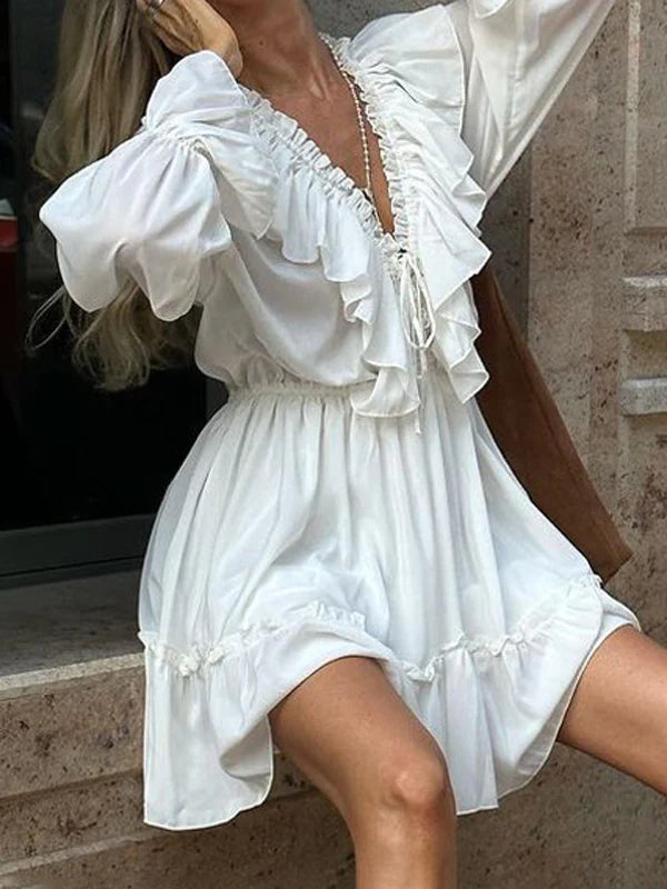 V-Neck Drawstring Flared Sleeve Ruffle White Dress Puffy Skirt