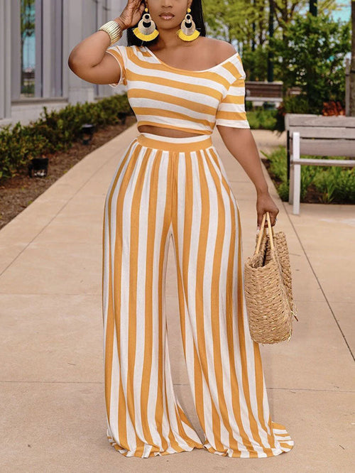 Striped Crop Top Wide Leg Pants Set