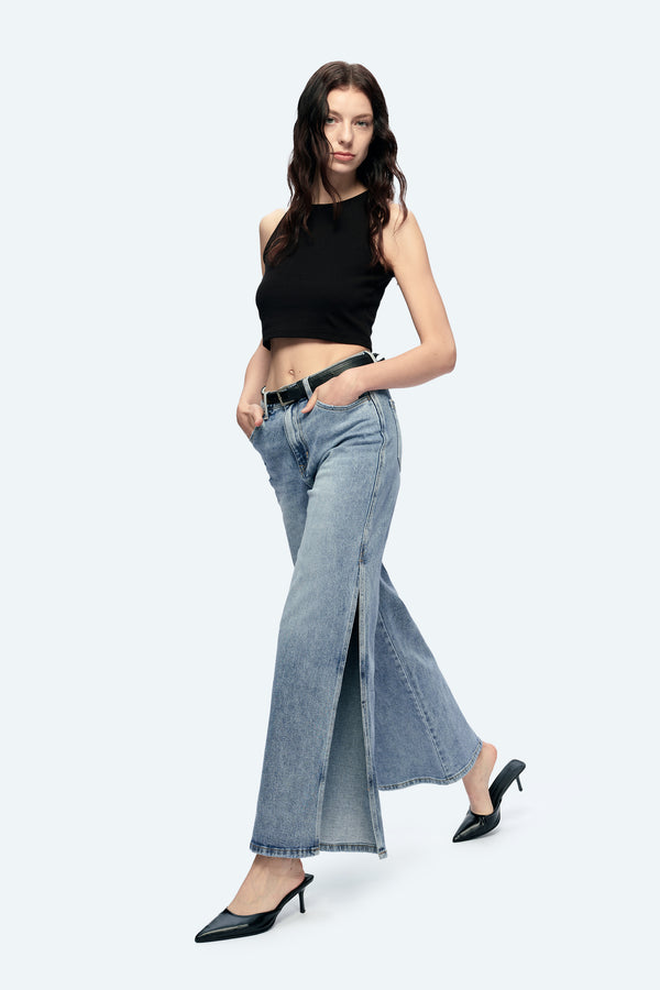 Women High Rise Stretch Wide Leg Side Slit Grinding Jeans BYW8037