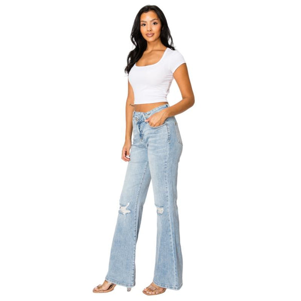 Women High Rise Stretch Bootcut Ripped Wide Leg Jeans SH25F15