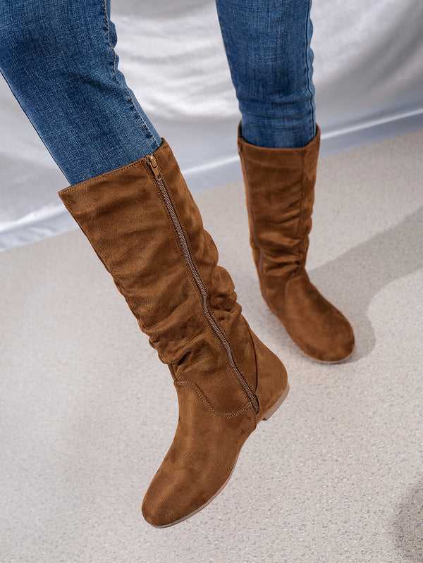 Mid-Calf Side Zipper Ruched Flat Boots