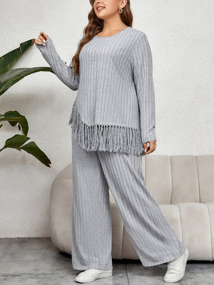 Fringed Long Sleeve Top Loose Wide Leg Pants Set