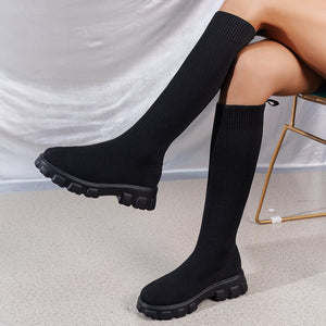 Mid Calf Stretch Fly Knit Sock Boots Thick Bottom Boots