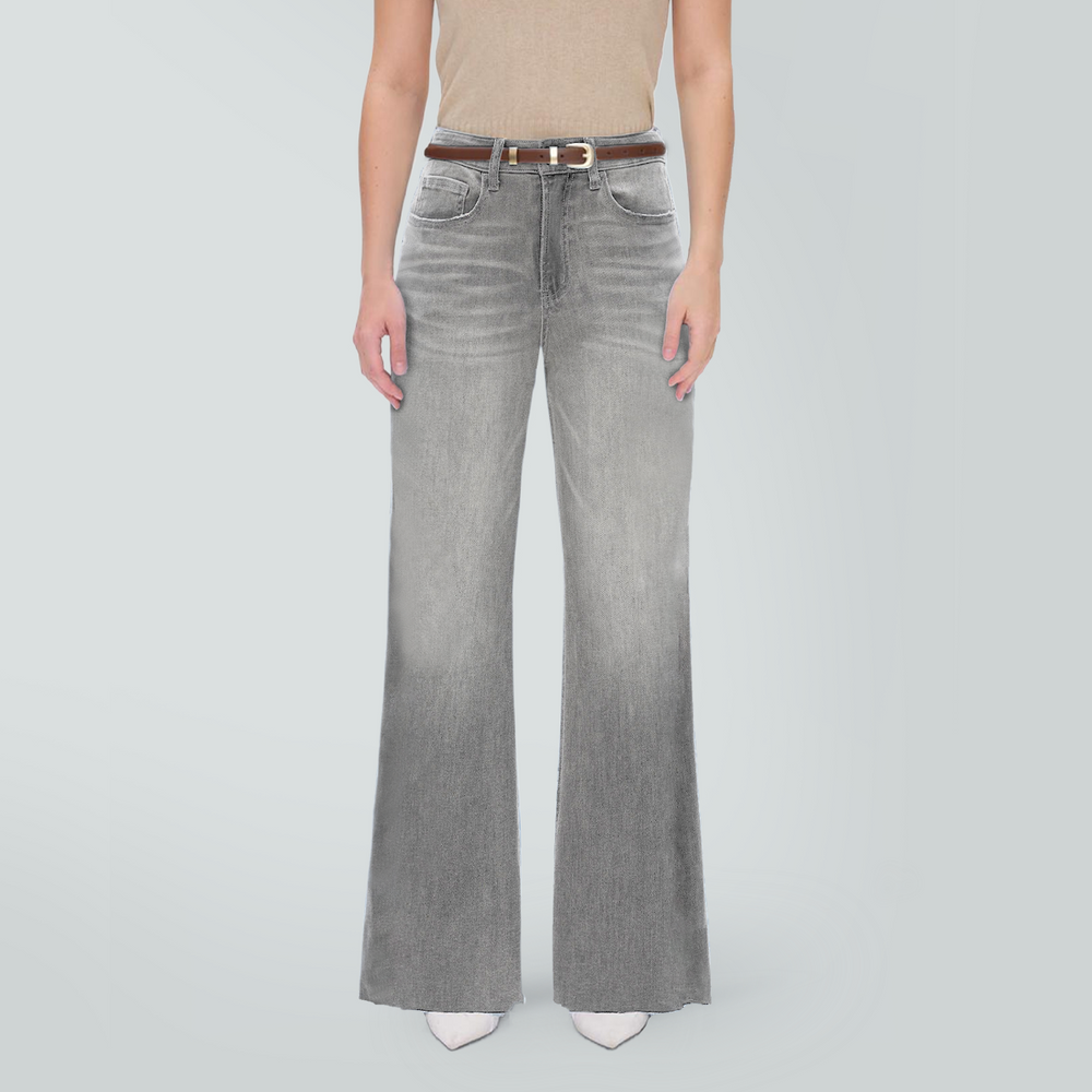 ONESO High Waist Stretchy Wide Leg BBL Jeans for Women Basic Straight Denim Pants Raw Hem Underwear Trouser