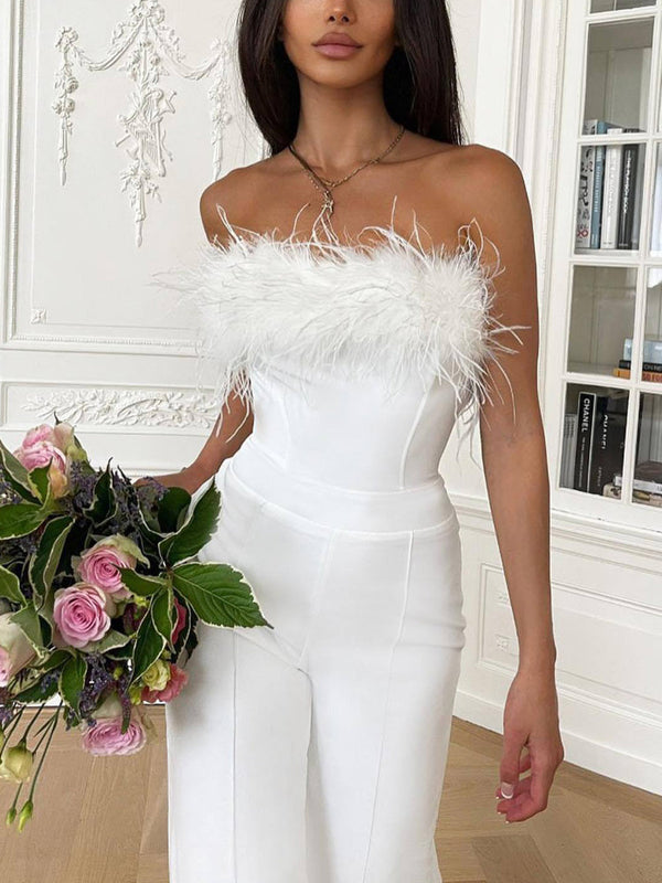 Strapless Feather Wide Leg Jumpsuit