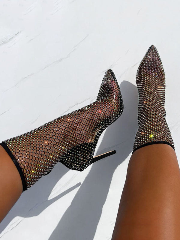 Rhinestone Fishnet Heels Boots