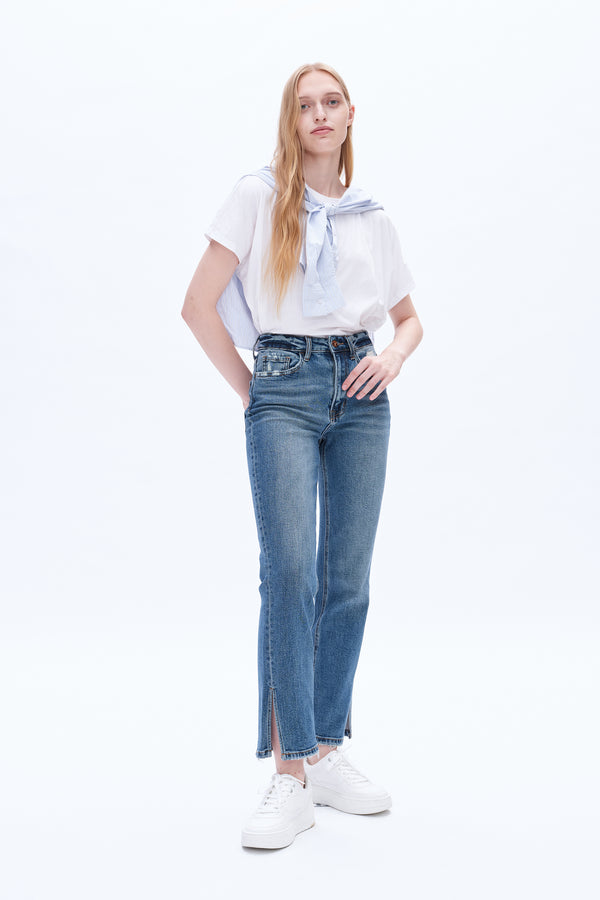 Women High Rise Stretch Straight Leg Distressed  Grinding Jeans With Side Slits BYT5162