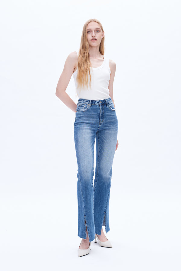 Women High Rise Stretch Flare Distressed Front Slit Jeans BYF1100