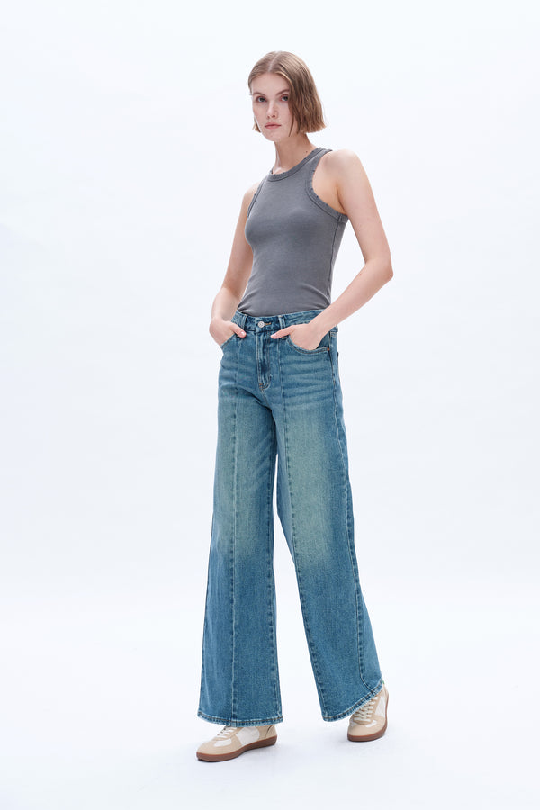 Women High Rise Stretch Wide Leg Vintage Lyocell Comfy Jeans BYW8141