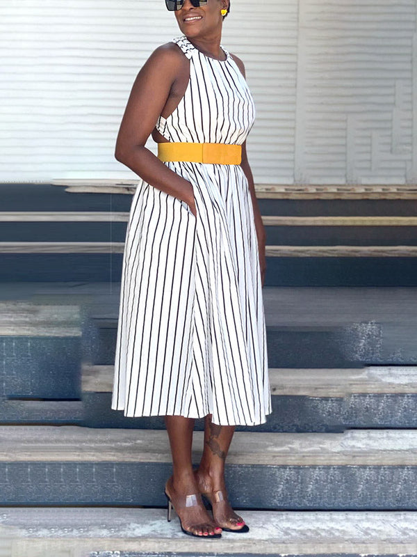 Striped Crisscross Straps Midi Dress