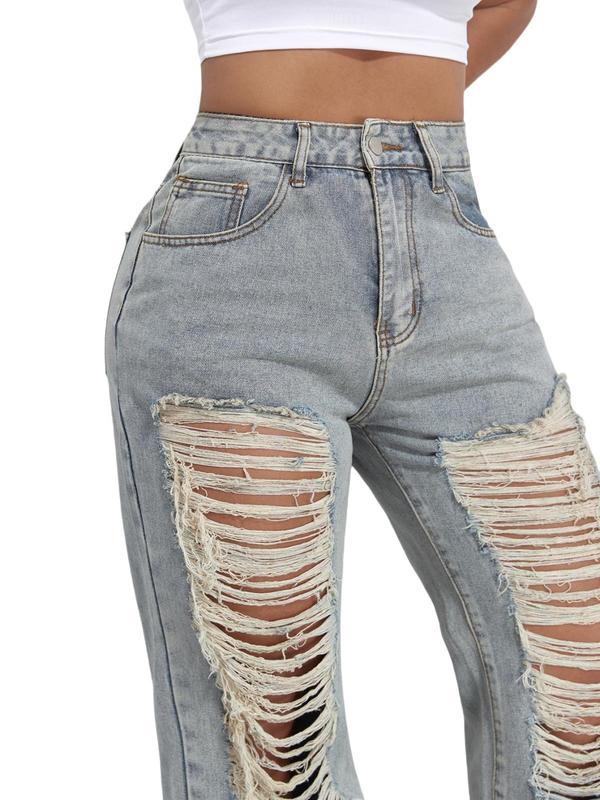 High Waisted Straight Leg Ripped Hole Baggy Denim Pants B241DE0013