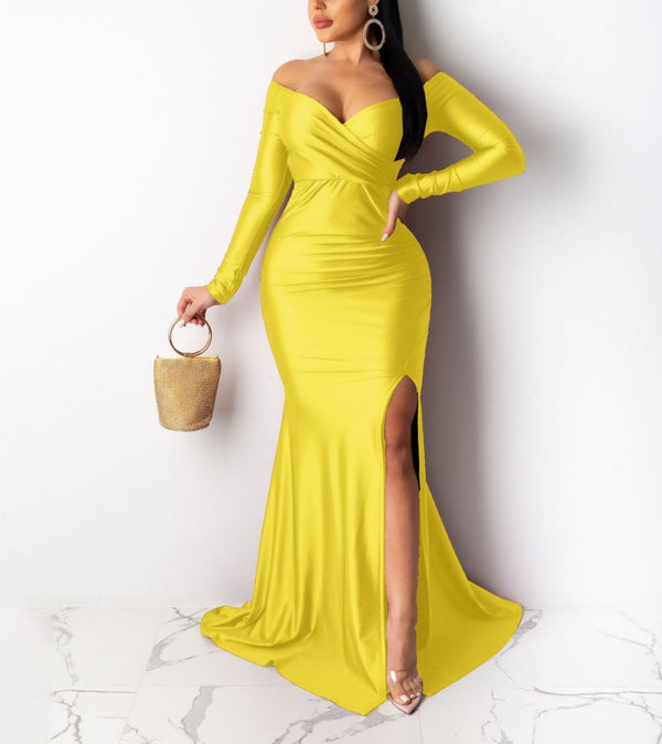 Long Sleeve Off Shoulder Split Maxi Dresses