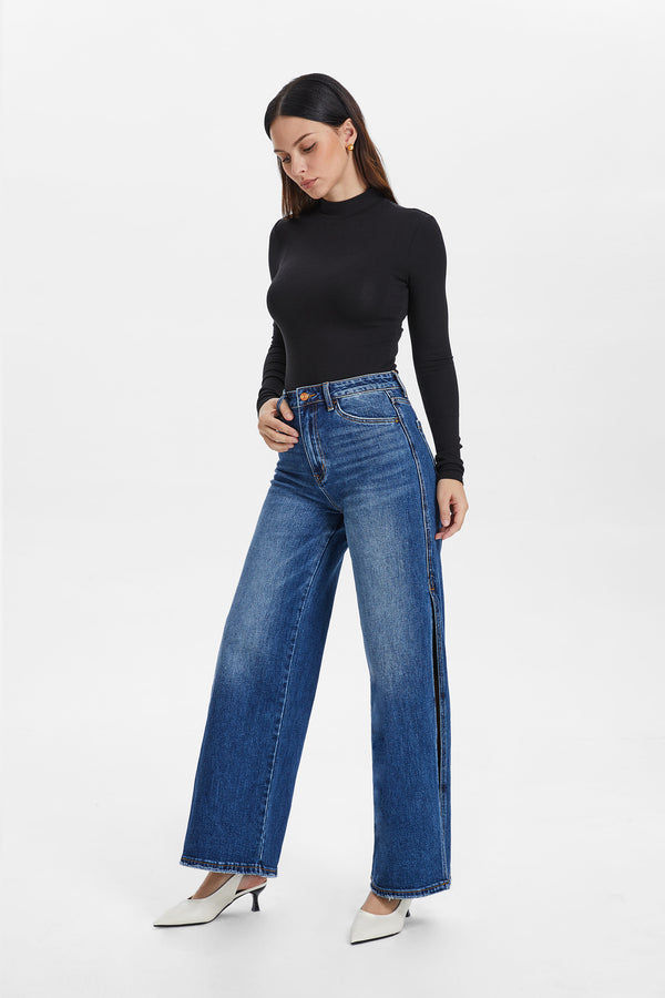 Women High Rise Stretch Wide Leg Side Slit Grinding Jeans BYW8037