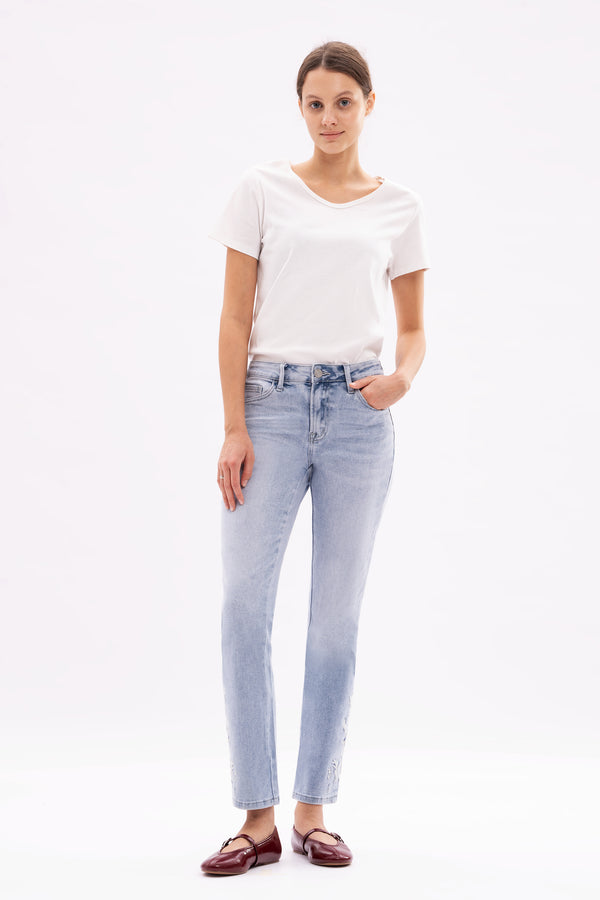 Bloomie Mid Waist EmbroideredHem Stretchy Jeans Women Straight Leg CasualDenim Pants