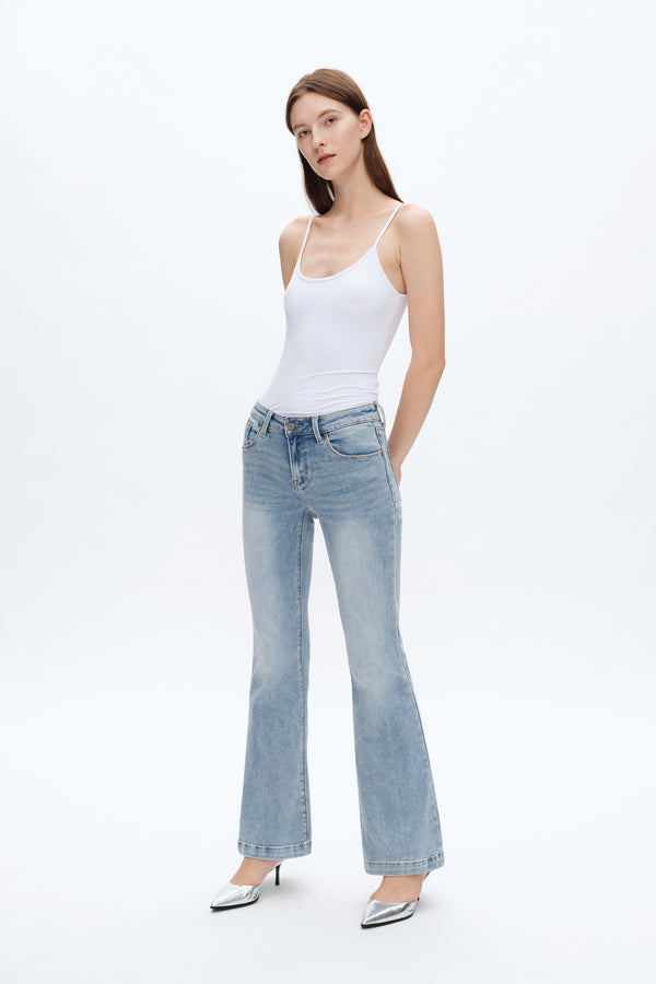 Women Mid Waisted Stretch Flare Jeans With Clean Hem BYF1023