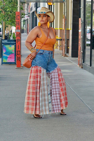 Plaid Wide Leg Spliced Jeans