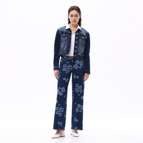 ONESO Women BBL Jeans Mid-Low Rise Wide Leg Stretch Baggy Printing Denim with Tummy Control Minimalist Basic Trouser
