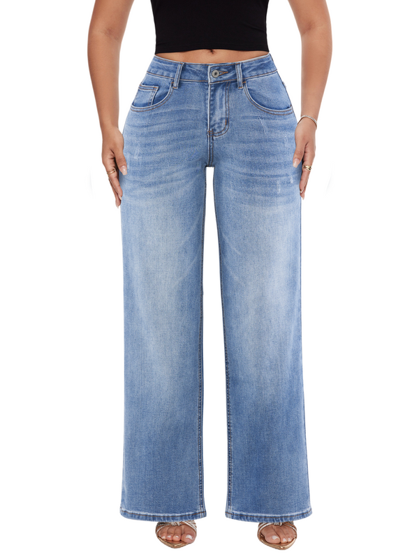 SHAPUM Women's Mid Rise Relaxed Fit Wide Leg Stretch Cuffed Jeans