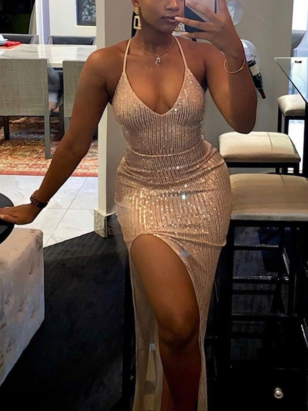 Sequin Backless High Slit Dress