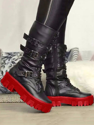 Eyelet Buckled Zipper Platform Boots