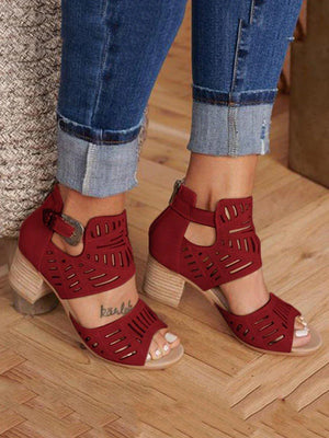 Hollow Out Chunky Heel Sandals