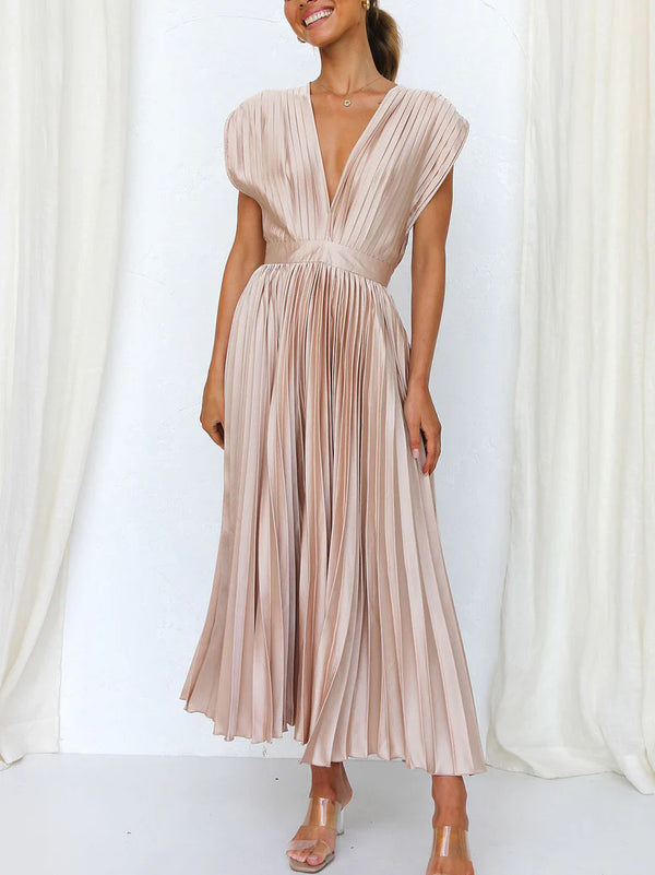 Sleeveless V Neck Pleated Maxi Dress