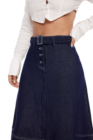 Indigo Elegance Belted A-Line Skirt