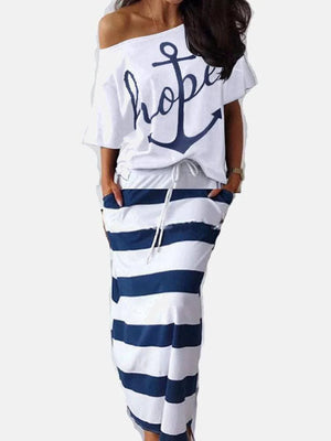 Print Off Shoulder Striped Skirt Set