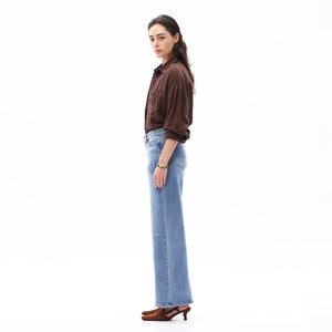 ONESO Women BBL Jeans Mid-Low Rise Wide Leg Stretch Relaxed Fit Embroidered Jeans Flat Tummy Design Simple Basic Trousers