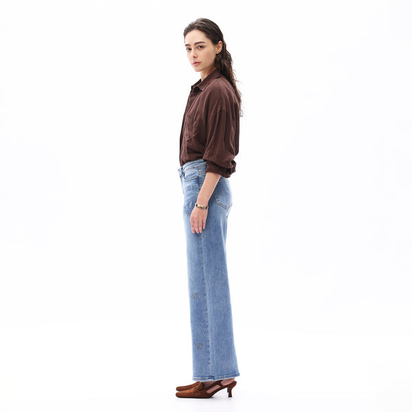 ONESO Women BBL Jeans Mid-Low Rise Wide Leg Stretch Relaxed Fit Embroidered Jeans Flat Tummy Design Simple Basic Trousers