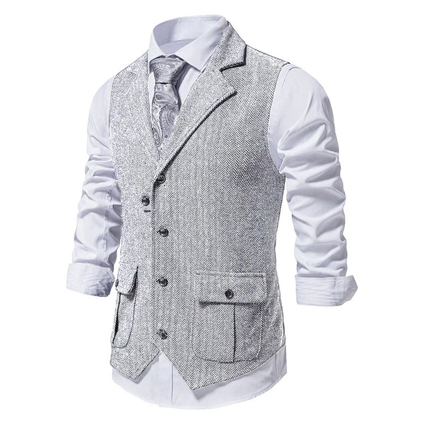 Men's Business Herringbone Lapel Pocket Sleeveless Vest