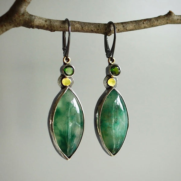 Leaf Shaped Green Jade Chalcedony Earrings