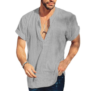 Men's round neck linen short sleeve shirt