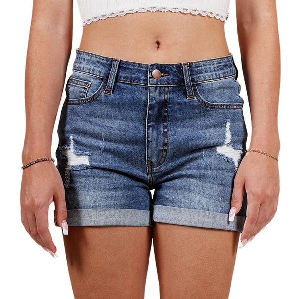 ONESO Women's Casual Ripped Denim Shorts Mid Rise Distressed Rolled Hem Jeans Shorts