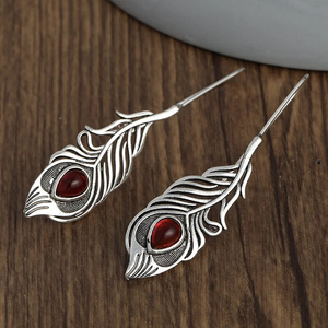 Vintage Red Zirconia Silver Leaf Earrings